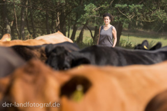 Eine Teilnehmerin treibt die Kühe an nur über ihre Präsenz und ihre Körpersprache, ganz ohne Lärm