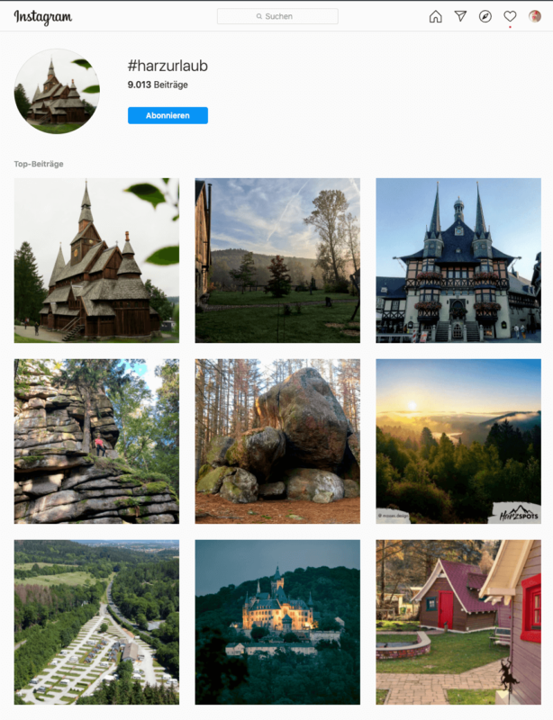 Bilder, die als Suchergebnis erscheinen, wenn man den Hashtag #harzurlaub in Instagram eingibt