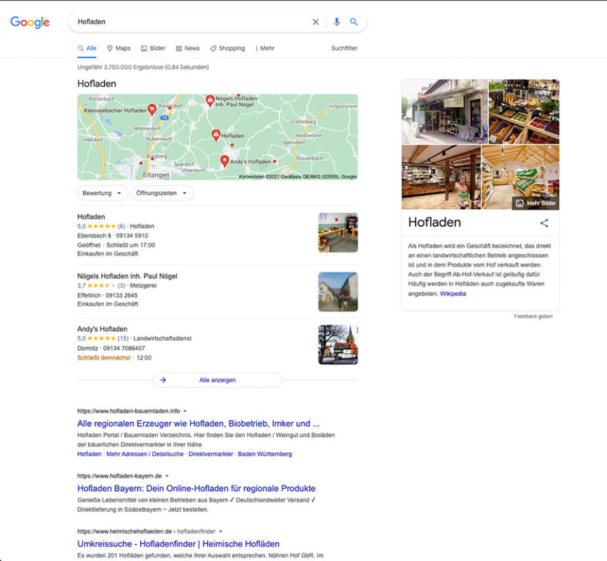 Ergebnisse, wenn ich am Ort Neunkirchen nur den Begriff "Hofladen" eingebe