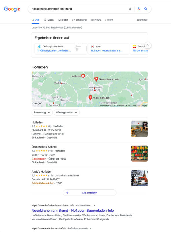 Screenshot von den Suchergebissen für die Begriffe Hofladen und Neunkirchen